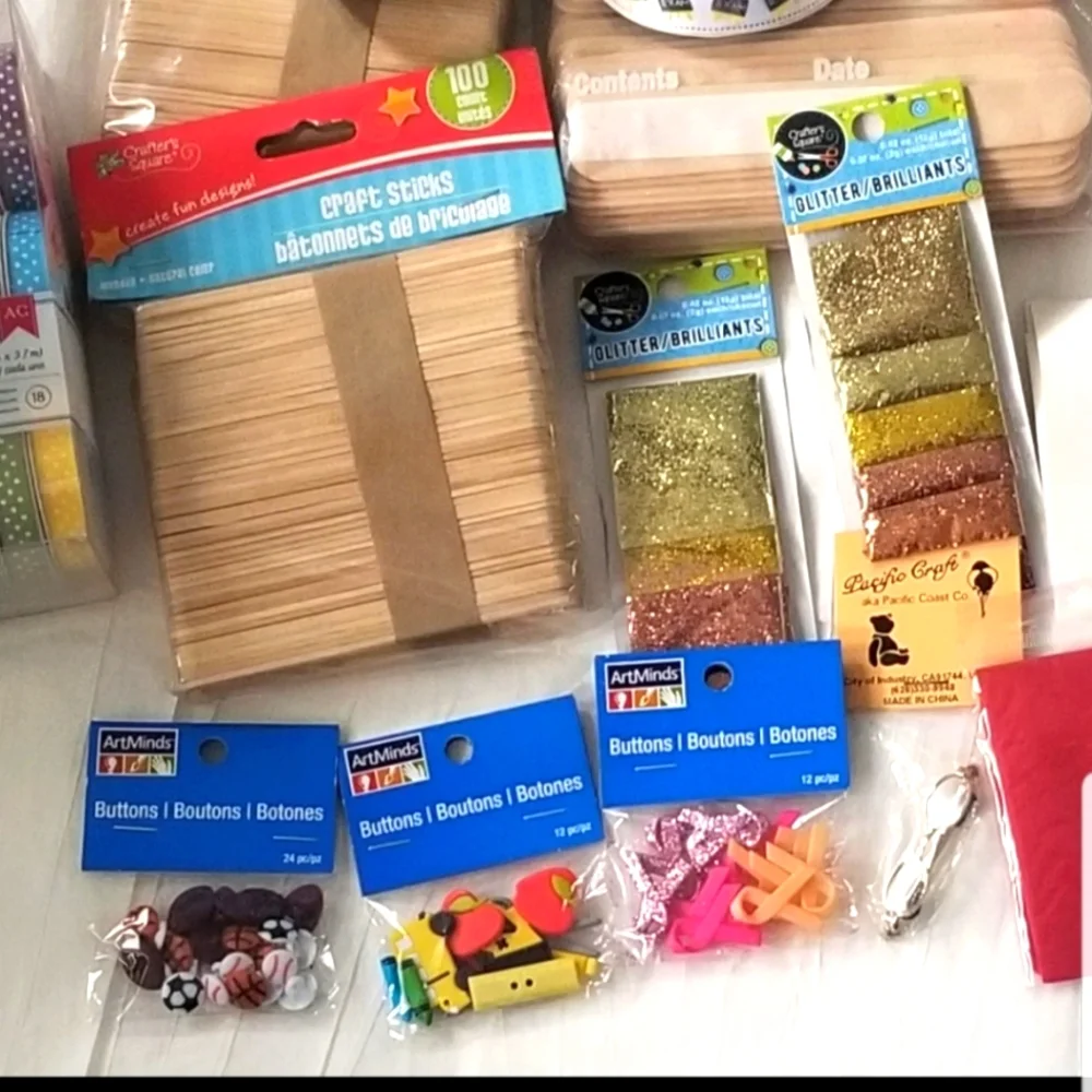Arts & Craft Bundle Glitter, Buttons, 2 Packs of 100 Craft Sticks & Ribbon